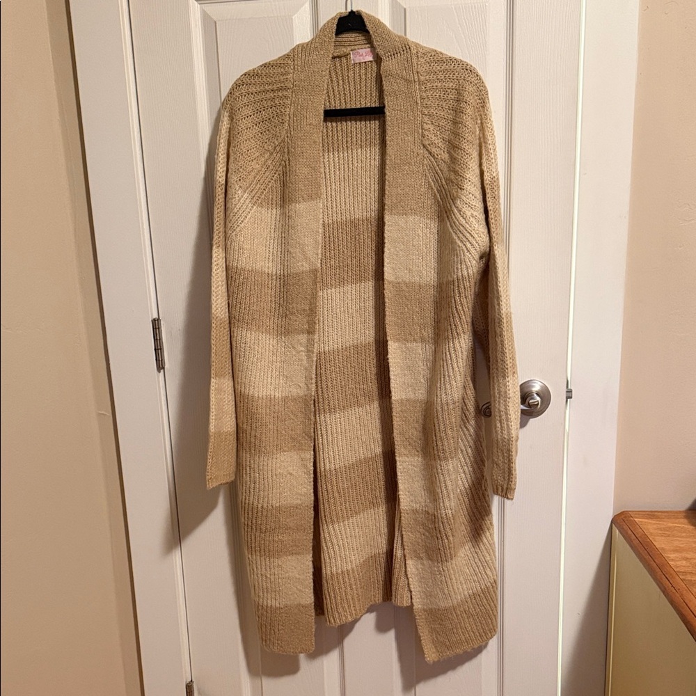 Striped Beige and Tan Women's Duster / Knee-Length Cardigan